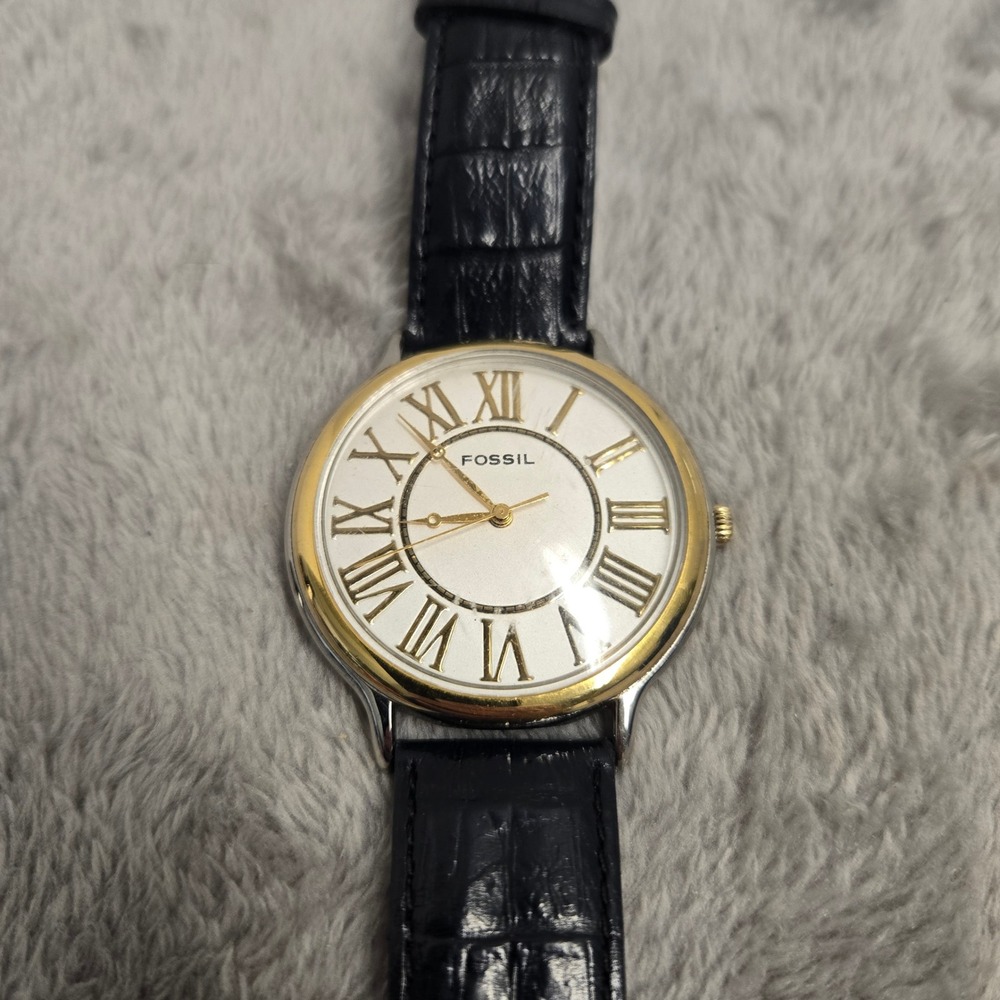 Fossil Mens Watch BI-1406 Two Tone Roman Numeral White Dial Black Leather Strap
